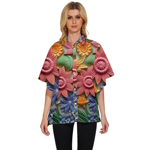 Flower Bloom Embossed Pattern Women s Batwing Button Up Shirt by Vaneshop
