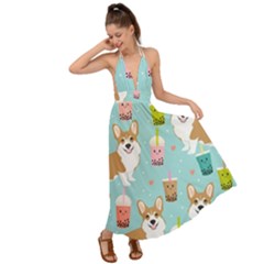 Welsh Corgi Boba Tea Bubble Cute Kawaii Dog Breed Backless Maxi Beach Dress