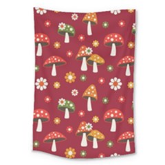 Woodland Mushroom And Daisy Seamless Pattern On Red Background Large Tapestry by Wav3s