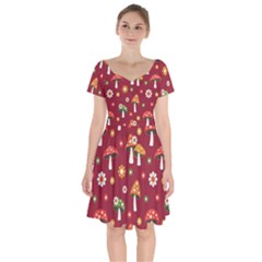 Woodland Mushroom And Daisy Seamless Pattern On Red Background Short Sleeve Bardot Dress by Wav3s