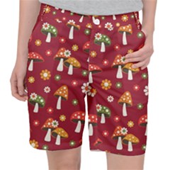 Woodland Mushroom And Daisy Seamless Pattern On Red Background Women s Pocket Shorts by Wav3s