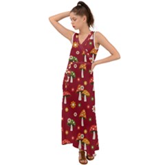 Woodland Mushroom And Daisy Seamless Pattern On Red Background V-neck Chiffon Maxi Dress