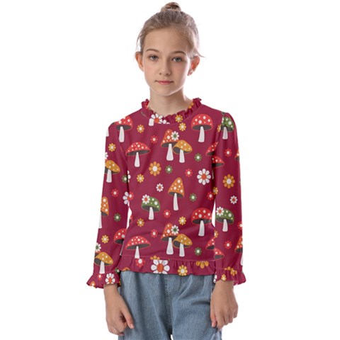 Woodland Mushroom And Daisy Seamless Pattern On Red Background Kids  Frill Detail Tee by Wav3s