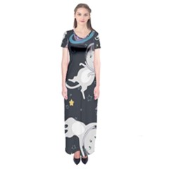Space Cat Illustration Pattern Astronaut Short Sleeve Maxi Dress by Wav3s