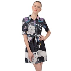 Space Cat Illustration Pattern Astronaut Belted Shirt Dress by Wav3s