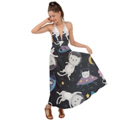 Space Cat Illustration Pattern Astronaut Backless Maxi Beach Dress