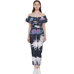 Space Cat Illustration Pattern Astronaut Off Shoulder Ruffle Top Jumpsuit by Wav3s