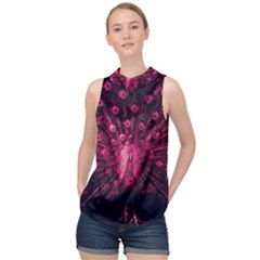 Peacock Pink Black Feather Abstract High Neck Satin Top by Wav3s