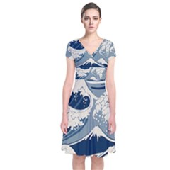Japanese Wave Pattern Short Sleeve Front Wrap Dress by Wav3s