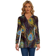 Pattern Feather Peacock Long Sleeve Drawstring Hooded Top by Wav3s