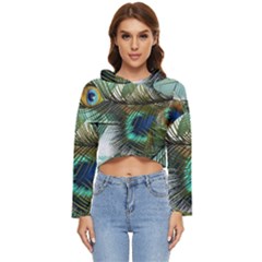 Peacock Feathers Blue Green Texture Women s Lightweight Cropped Hoodie by Wav3s