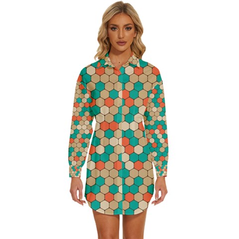 Multicolored Honeycomb Colorful Abstract Geometry Womens Long Sleeve Shirt Dress by Vaneshop