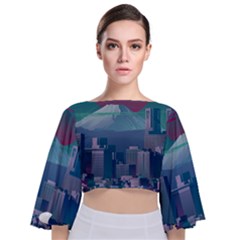 The Sun City Tokyo Japan Volcano Kyscrapers Building Tie Back Butterfly Sleeve Chiffon Top by Grandong