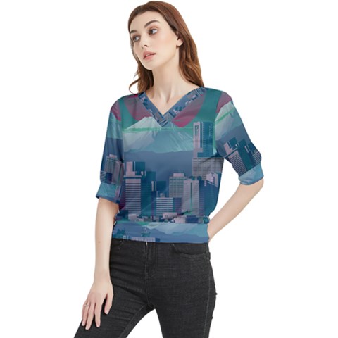 The Sun City Tokyo Japan Volcano Kyscrapers Building Quarter Sleeve Blouse by Grandong