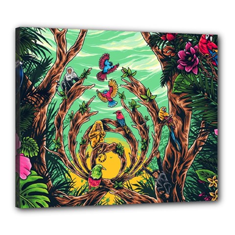 Monkey Tiger Bird Parrot Forest Jungle Style Canvas 24  X 20  (stretched) by Grandong