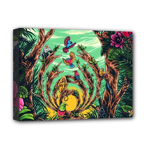 Monkey Tiger Bird Parrot Forest Jungle Style Deluxe Canvas 16  X 12  (stretched)  by Grandong