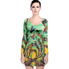 Monkey Tiger Bird Parrot Forest Jungle Style Long Sleeve Velvet Bodycon Dress by Grandong