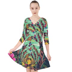 Monkey Tiger Bird Parrot Forest Jungle Style Quarter Sleeve Front Wrap Dress by Grandong