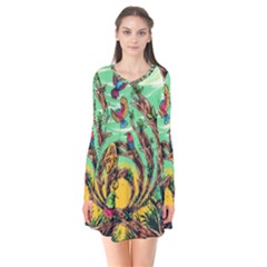 Monkey Tiger Bird Parrot Forest Jungle Style Long Sleeve V-neck Flare Dress by Grandong