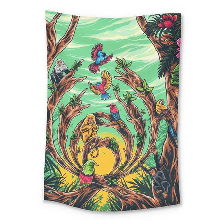 Monkey Tiger Bird Parrot Forest Jungle Style Large Tapestry