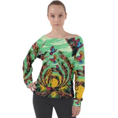 Monkey Tiger Bird Parrot Forest Jungle Style Off Shoulder Long Sleeve Velour Top by Grandong