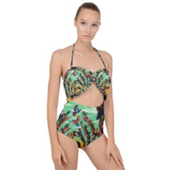 Monkey Tiger Bird Parrot Forest Jungle Style Scallop Top Cut Out Swimsuit by Grandong