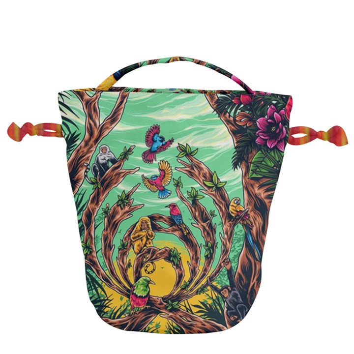 Monkey Tiger Bird Parrot Forest Jungle Style Drawstring Bucket Bag