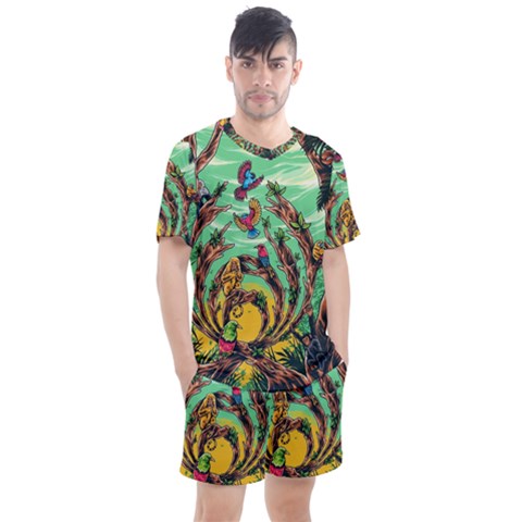 Monkey Tiger Bird Parrot Forest Jungle Style Men s Mesh Tee And Shorts Set by Grandong