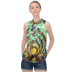 Monkey Tiger Bird Parrot Forest Jungle Style High Neck Satin Top by Grandong