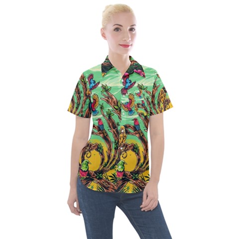 Monkey Tiger Bird Parrot Forest Jungle Style Women s Short Sleeve Pocket Shirt by Grandong
