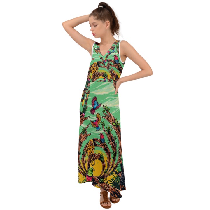 Monkey Tiger Bird Parrot Forest Jungle Style V-Neck Chiffon Maxi Dress