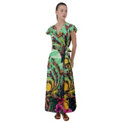 Monkey Tiger Bird Parrot Forest Jungle Style Flutter Sleeve Maxi Dress by Grandong