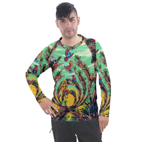Monkey Tiger Bird Parrot Forest Jungle Style Men s Pique Long Sleeve Tee by Grandong