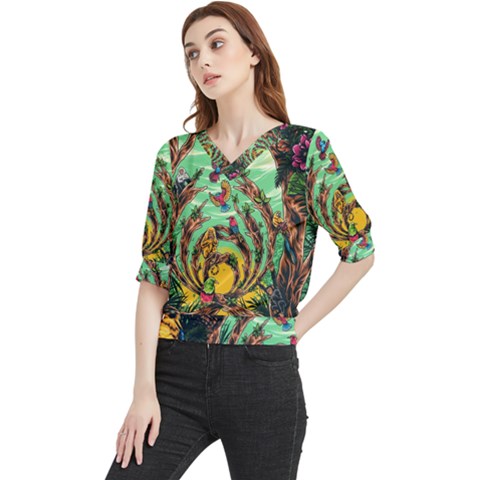 Monkey Tiger Bird Parrot Forest Jungle Style Quarter Sleeve Blouse by Grandong