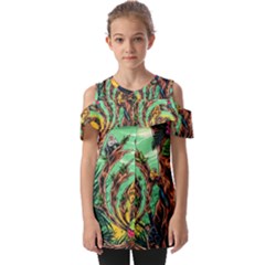 Monkey Tiger Bird Parrot Forest Jungle Style Fold Over Open Sleeve Top by Grandong