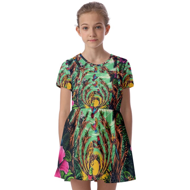 Monkey Tiger Bird Parrot Forest Jungle Style Kids  Short Sleeve Pinafore Style Dress
