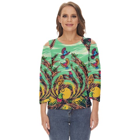 Monkey Tiger Bird Parrot Forest Jungle Style Cut Out Wide Sleeve Top by Grandong