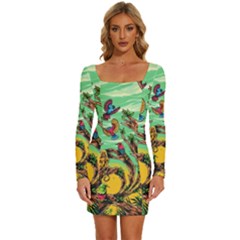 Monkey Tiger Bird Parrot Forest Jungle Style Long Sleeve Square Neck Bodycon Velvet Dress by Grandong