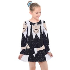 Wednesday Addams Kids  Long Sleeve Dress by Fundigitalart234