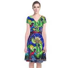 Beauty Stained Glass Rose Short Sleeve Front Wrap Dress by Cowasu