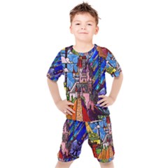 Beauty Stained Glass Castle Building Kids  Tee And Shorts Set by Cowasu