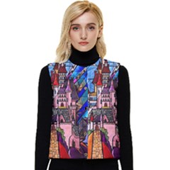 Beauty Stained Glass Castle Building Women s Short Button Up Puffer Vest by Cowasu