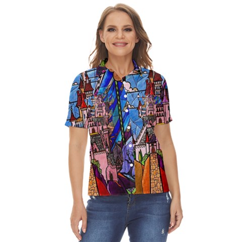 Beauty Stained Glass Castle Building Women s Short Sleeve Double Pocket Shirt by Cowasu
