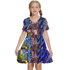 Beauty Stained Glass Castle Building Kids  Short Sleeve Tiered Mini Dress by Cowasu