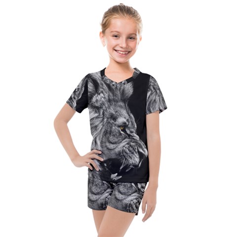 Angry Lion Black And White Kids  Mesh Tee And Shorts Set by Cowasu