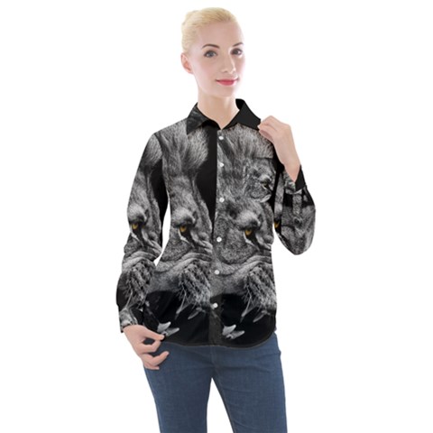 Angry Lion Black And White Women s Long Sleeve Pocket Shirt by Cowasu