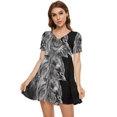 Angry Lion Black And White Tiered Short Sleeve Babydoll Dress by Cowasu