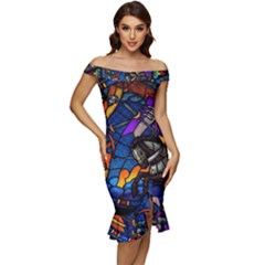 The Game Monster Stained Glass Off Shoulder Ruffle Split Hem Bodycon Dress by Cowasu