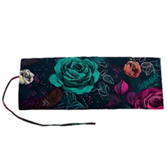 Roses Pink Teal Roll Up Canvas Pencil Holder (s)