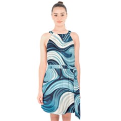 Pattern Ocean Waves Arctic Ocean Blue Nature Sea Halter Collar Waist Tie Chiffon Dress by Ndabl3x